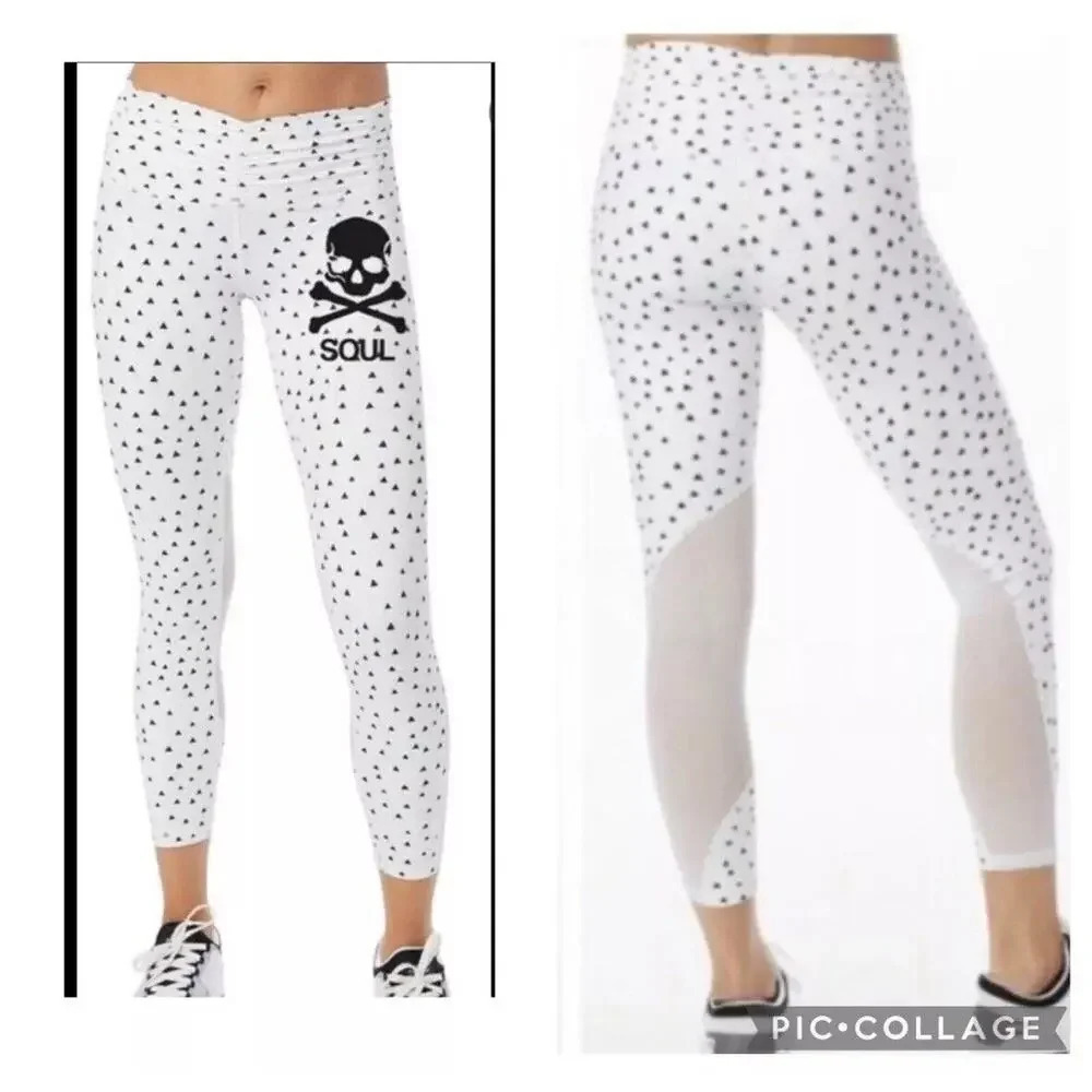 soulcycle White Leggings with Black Skull & Dots